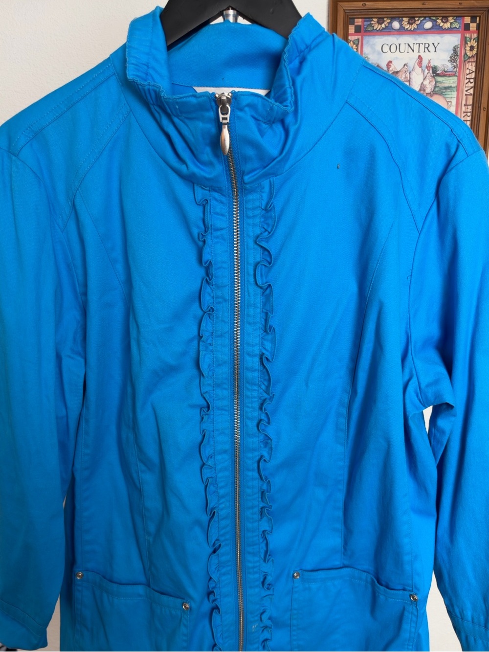 Christopher & Banks Blue Women's Zip-Front Jacket with Ruffle Trim size Large